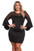 Sexy Black Plus Size Mesh Trim Bell Sleeve Bodycon Dress
